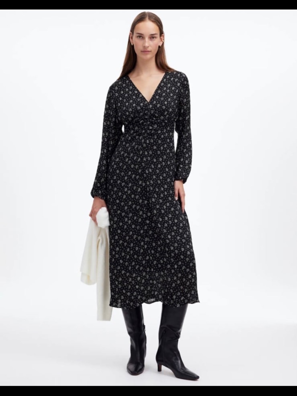 Madewell Ruched V-Neck Long Sleeve Midi Dress